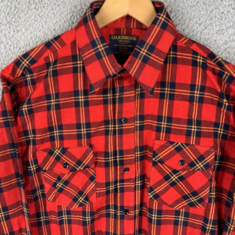 Vintage 70s Sanforized Flannel Shirt Mens Large Red Navy Plaid 100% Cotton NOS